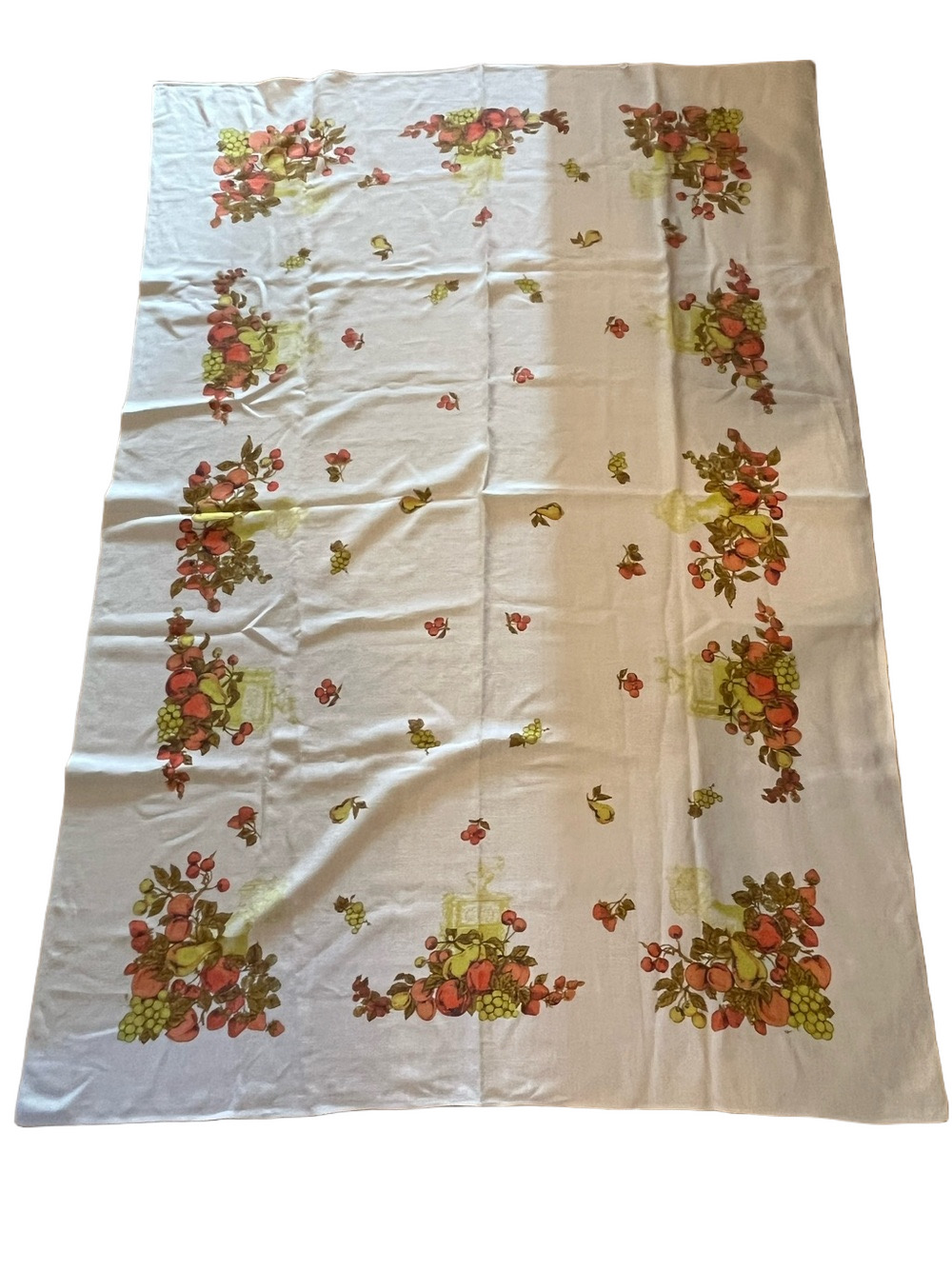 Vintage Mid-Century Fruit Harvest Tablecloth Coffee Grinder Retro Boho